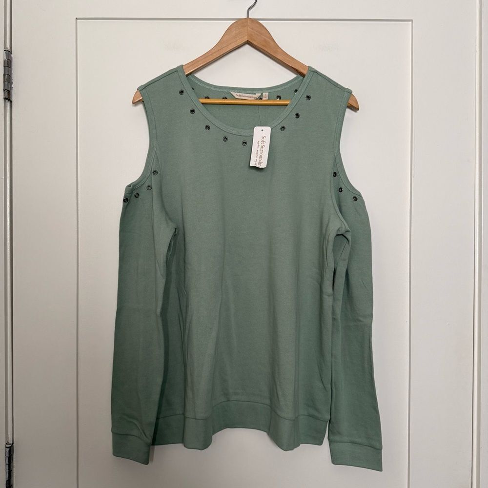 Soft Surroundings Milano Top Womens L Green Cold Shoulder French Terry Grommets